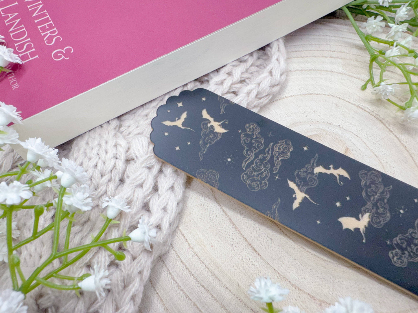 Bookmark - Acrylic, Black/Gold Dragons - Scalloped Top