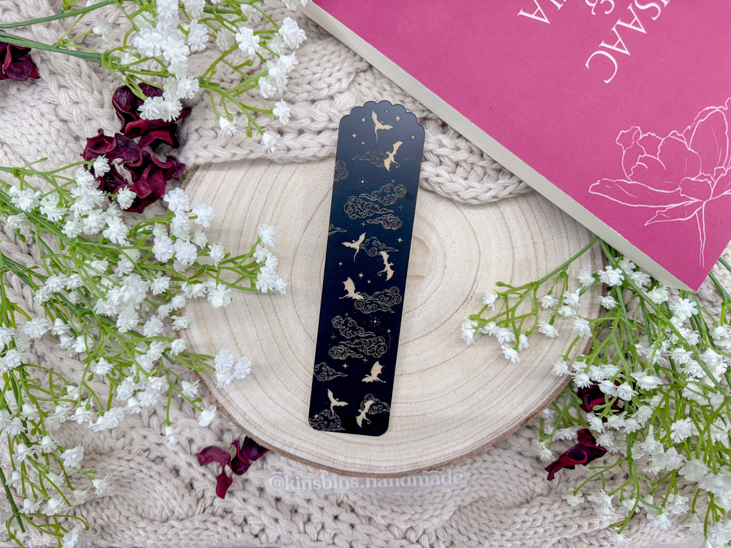 Bookmark - Acrylic, Black/Gold Dragons - Scalloped Top
